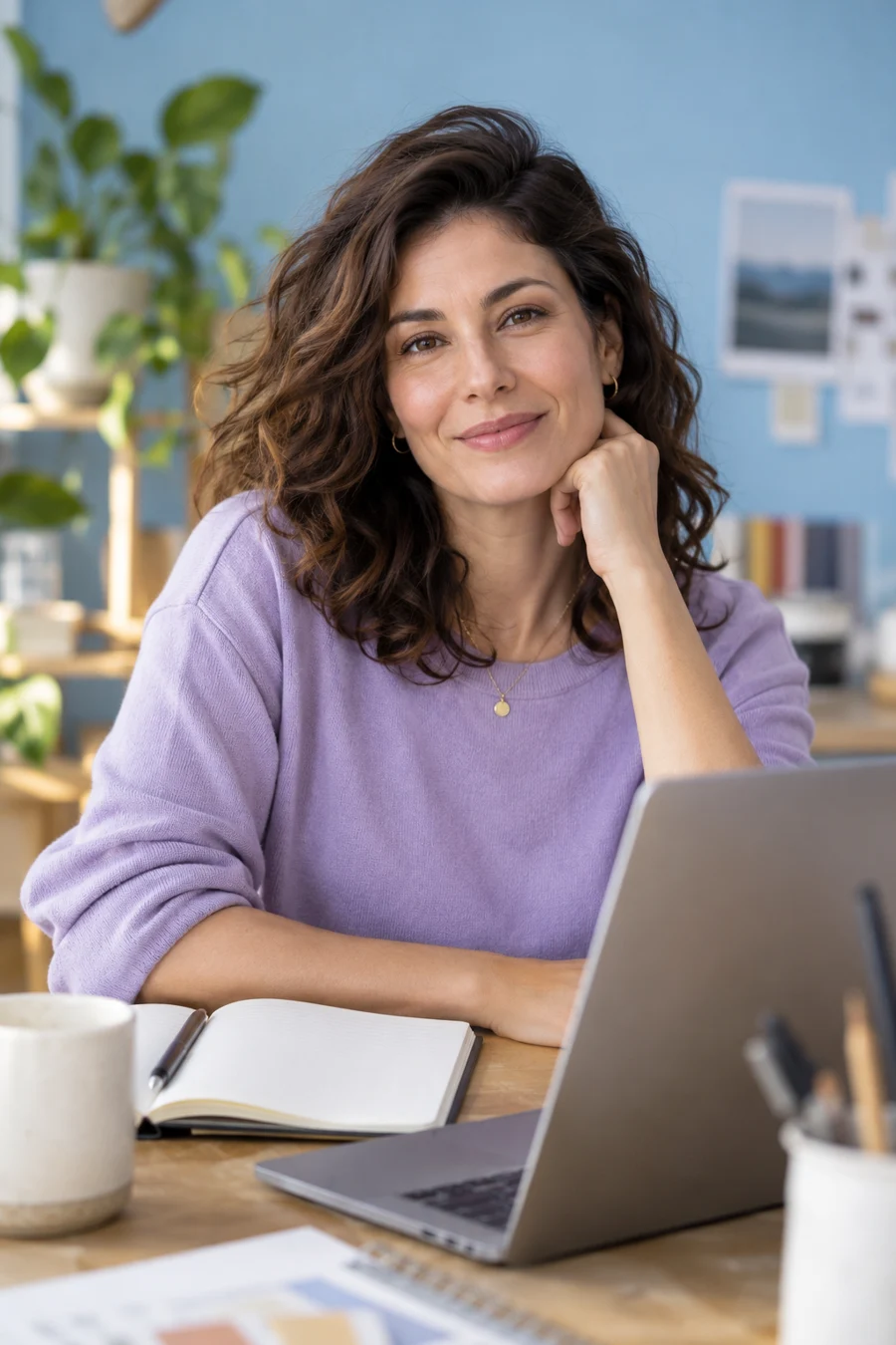 A creative professional with a notebook and laptop